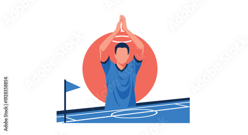 A vector illustration of a soccer player in a blue uniform on a pitch, clapping for the fans with a red sun background.