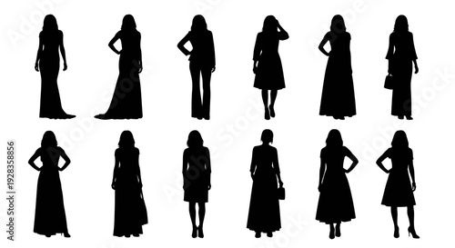 Collection of diverse women's silhouettes in various dresses and poses