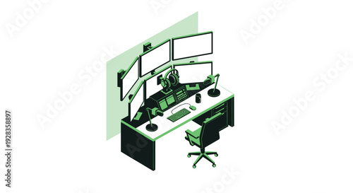 Isometric vector illustration of a modern multi-monitor computer workstation with professional audio equipment for gaming or streaming.