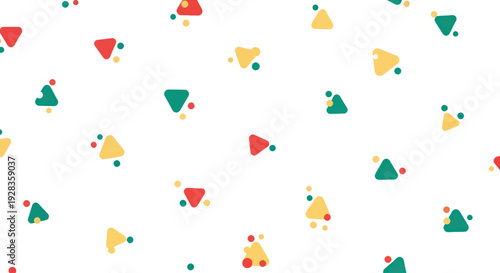 Abstract repeating pattern of small colorful triangles and dots on a white background, flat design.