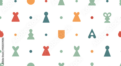Seamless pattern of flat design icons including chess pieces, geometric shapes, and letters on a white background.