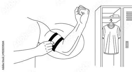 A black and white line art drawing shows a person putting on a captain's armband next to an open locker in a simple changing room.