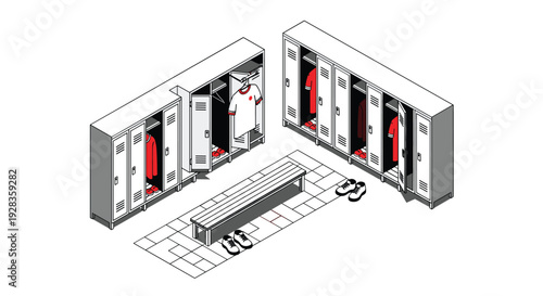 An isometric illustration of an empty sports team locker room with open lockers revealing red jerseys, a central bench, and cleats on the floor.