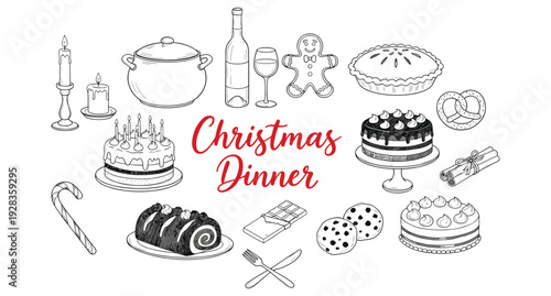 Christmas dinner food collection illustration, festive holiday meal elements, winter celebration desserts and tableware line art vector set