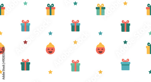 Flat design pattern of colorful gift boxes and smiling faces with stars on white background.