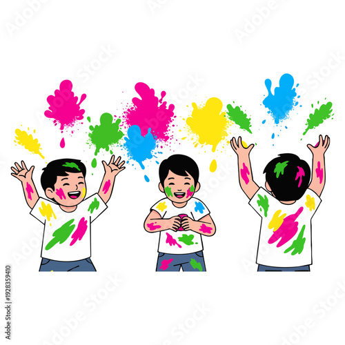 Kids celebrating Holi festival with colorful paint splashes