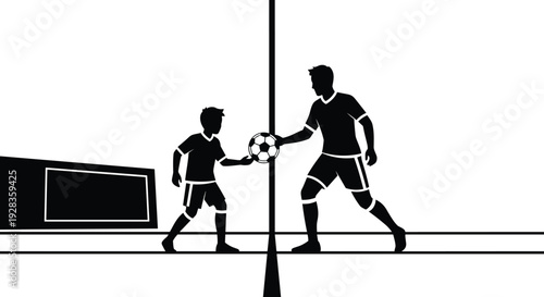 A silhouette illustration shows an adult soccer player passing a football to a young boy across a dividing line on a field.