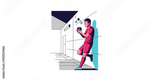 A pensive football player in a red uniform leans against a vibrant blue wall in a stark corridor while holding a soccer ball.