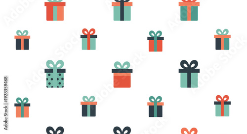 Flat design gift boxes in various colors and sizes, arranged in a repeating pattern on a white background.