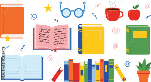 Colorful education book collection illustration, reading study supplies, school learning objects, library textbooks, academic stationery icons isolated vector set