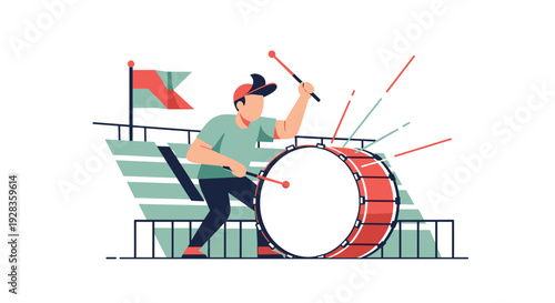 A dedicated sports fan wearing a cap energetically plays a large red bass drum with drumsticks in the stadium grandstand.