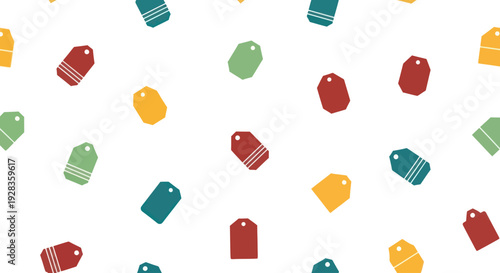 Colorful price tags scattered on a white background, flat design vector illustration.