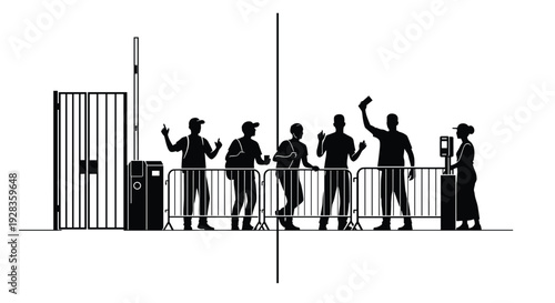 A black silhouette illustration of a crowd of fans waiting behind a metal barrier to enter a venue through a security gate and turnstile.