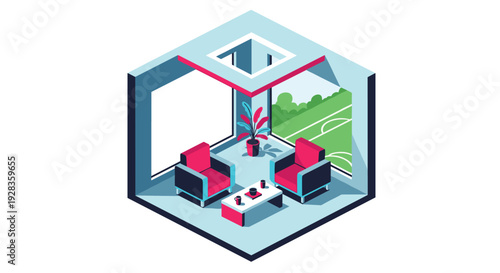 An isometric illustration of a modern lounge with red armchairs and a large window looking out onto a green soccer or football field.