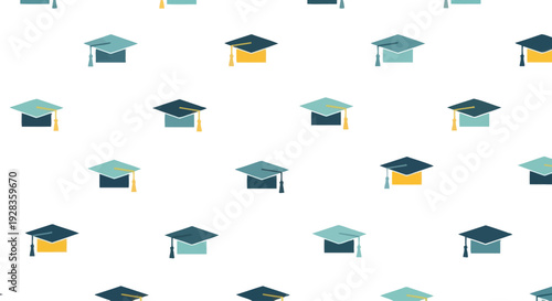 Seamless pattern of graduation caps in flat design style, blue and yellow colors on white.
