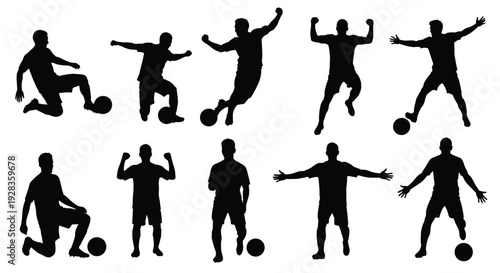A collection of black silhouettes showing a football player in various action poses, including kicking, celebrating, and running with the ball.