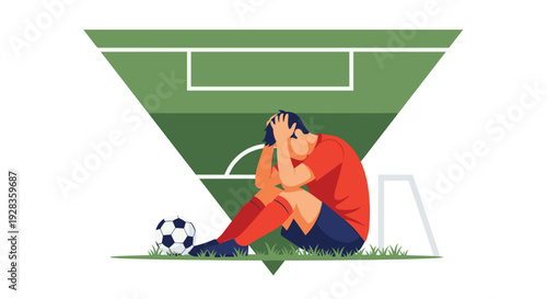 A vector illustration of a sad and defeated soccer player in a red uniform sitting on the grass with his head in his hands after a loss.