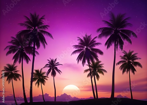 Vibrant tropical sunset with silhouetted palm trees on serene beach