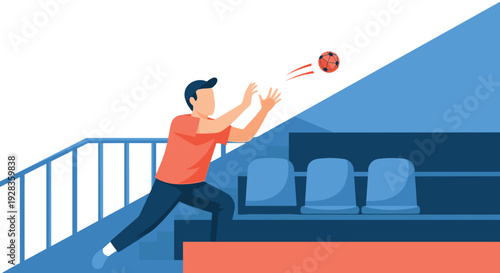 A flat vector illustration of a male spectator in the stadium stands reaching out to catch a soccer ball coming towards him during a game.