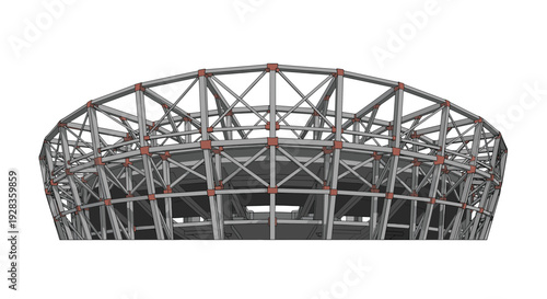 A 3D model illustration of the complex steel truss structural framework for a large circular stadium or arena, isolated on white.