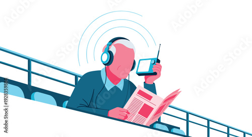 An elderly sports fan sits in the stands listening to a broadcast on a portable radio with headphones while reading a newspaper during a game.