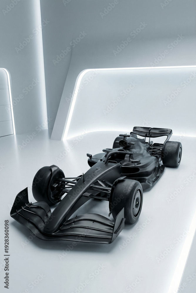 Fototapeta premium black futuristic formula 1 racing car stands in a bright minimalist studio with aggressive aerodynamic design and open wheels representing the high speed concept of the 2026 season championship