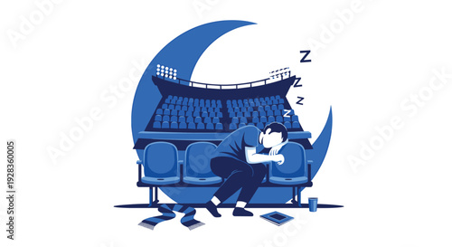 A tired sports fan is depicted sleeping alone in an empty stadium seating area which is creatively shaped like a large crescent moon at night.
