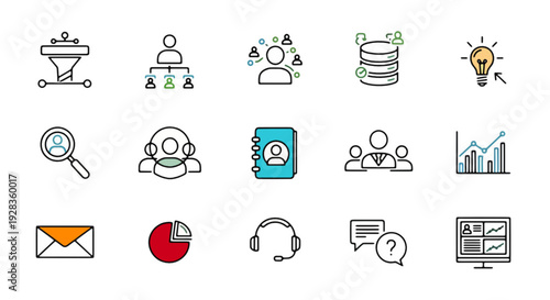 CRM system icon set, customer relationship management icons