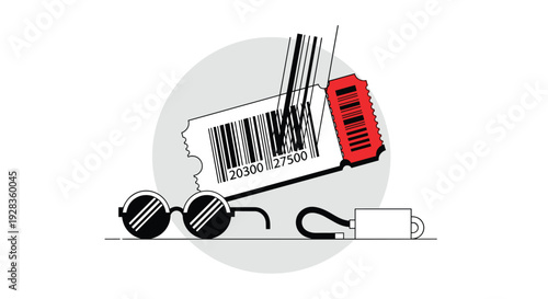 A minimalist illustration displays essential event items including a ticket with a barcode being scanned, sunglasses, and a portable power bank.