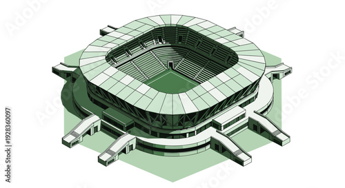 A detailed isometric architectural illustration of a large, modern sports stadium is presented in a monochromatic green color scheme on a white background.