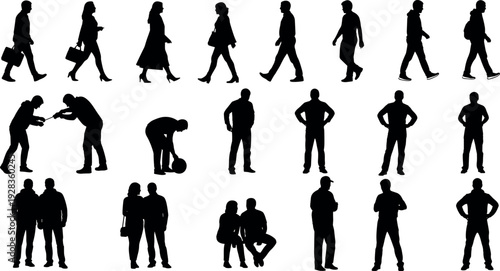 Collection of isolated black vector silhouettes featuring diverse men and women walking, standing, and interacting in various everyday lifestyle poses.