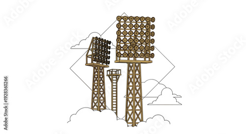 A line art illustration of two vintage wooden stadium floodlight towers with arrays of lights, set against a background of clouds and geometric shapes.