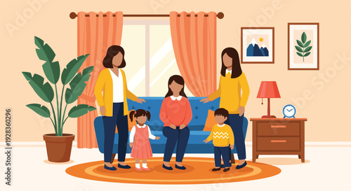 Happy family living room illustration, parents and children together at home, modern interior lifestyle scene, parenting bonding vector artwork