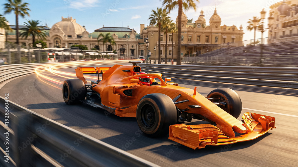 Fototapeta premium orange formula one racing car driving on monaco street circuit near monte carlo casino at sunny day