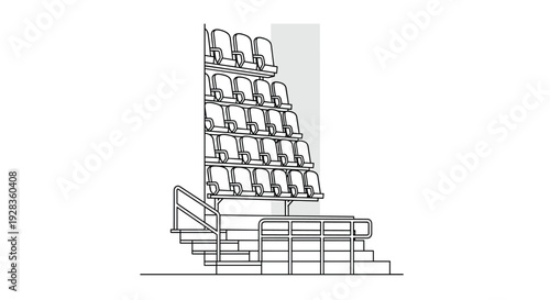 A clean black and white architectural line drawing of a section of empty stadium bleacher seats with stairs and a handrail on a white background.