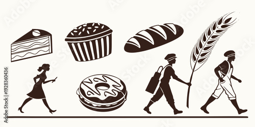 People walking with various baked goods and a cake on a table Vector