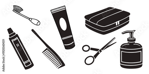 Assorted grooming tools including a razor, toothbrush, and scissors Vector
