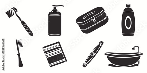 Assorted grooming tools including razors, brushes, and combs displayed in black and white Vector