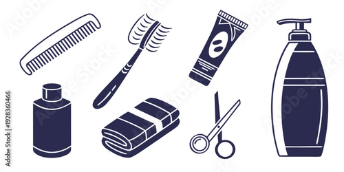 An assortment of grooming tools including a razor, scissors, and hair gel Vector