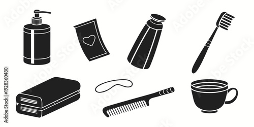 Assorted grooming tools including hairbrush, comb, and shaving kit Vector