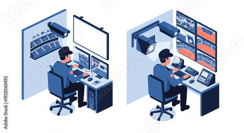 Two isometric views of a security officer monitoring a stadium event from a control room with multiple screens and surveillance equipment.