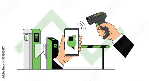 A person uses a smartphone with a QR code for contactless entry at a turnstile, while another hand scans it with a barcode reader.