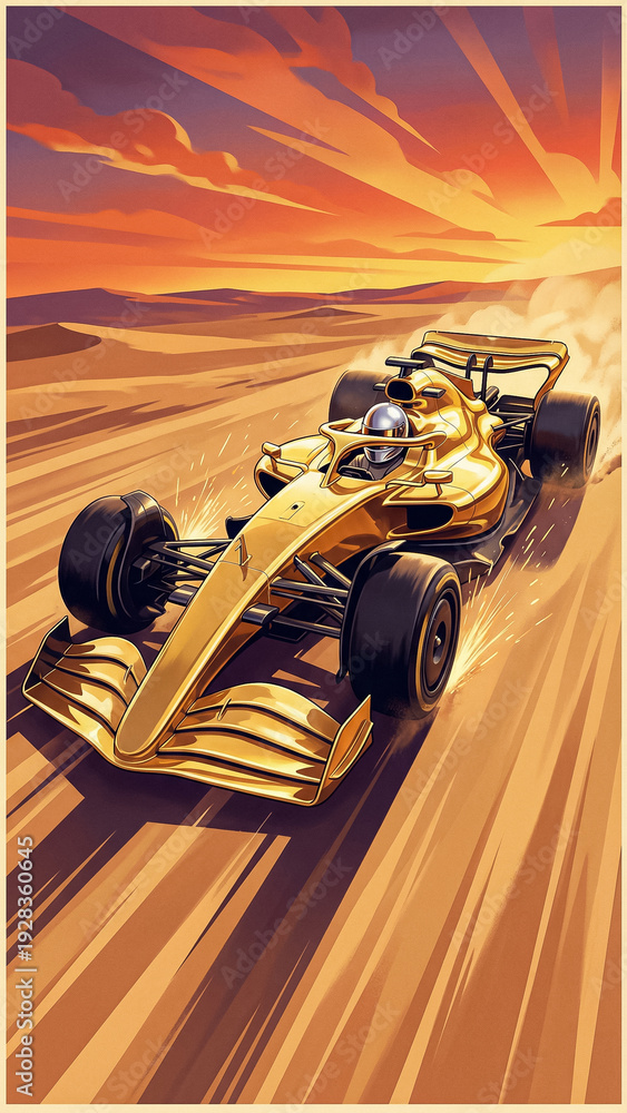 Fototapeta premium vintage poster of golden formula 1 car racing in desert against sunset rays