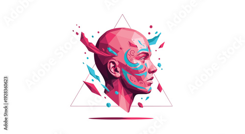 A futuristic low-poly portrait of a person with blue facial tattoos, framed by a triangle and shattering into geometric pieces.
