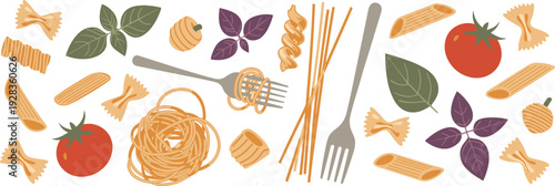 Italian pasta ingredients illustration, spaghetti and tomato cooking elements, traditional food pattern with herbs and utensils vector design