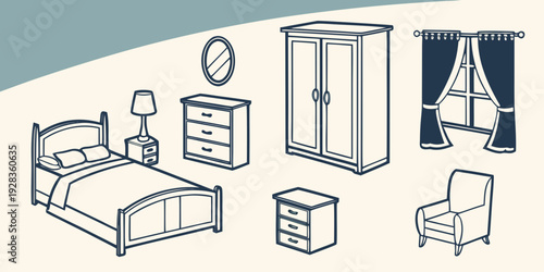 A variety of furniture items including beds, wardrobes, and desks arranged in a modern bedroom setting Vector