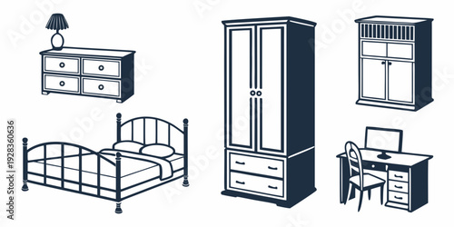 A variety of bedroom furniture including beds, wardrobes, and dressers Vector