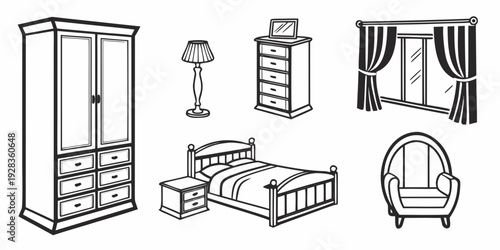 A variety of furniture items including a wardrobe, shelves, beds, and a chair. Vector