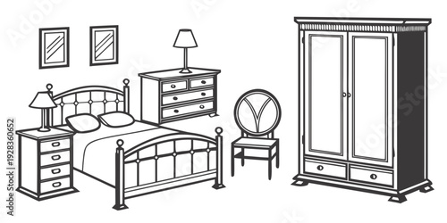 A neatly arranged bedroom with a desk, chair, wardrobe, and bed. Vector