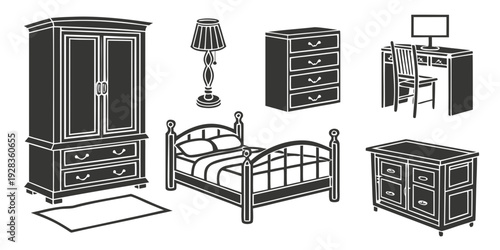 A variety of bedroom furniture including beds, wardrobes, and dressers Vector